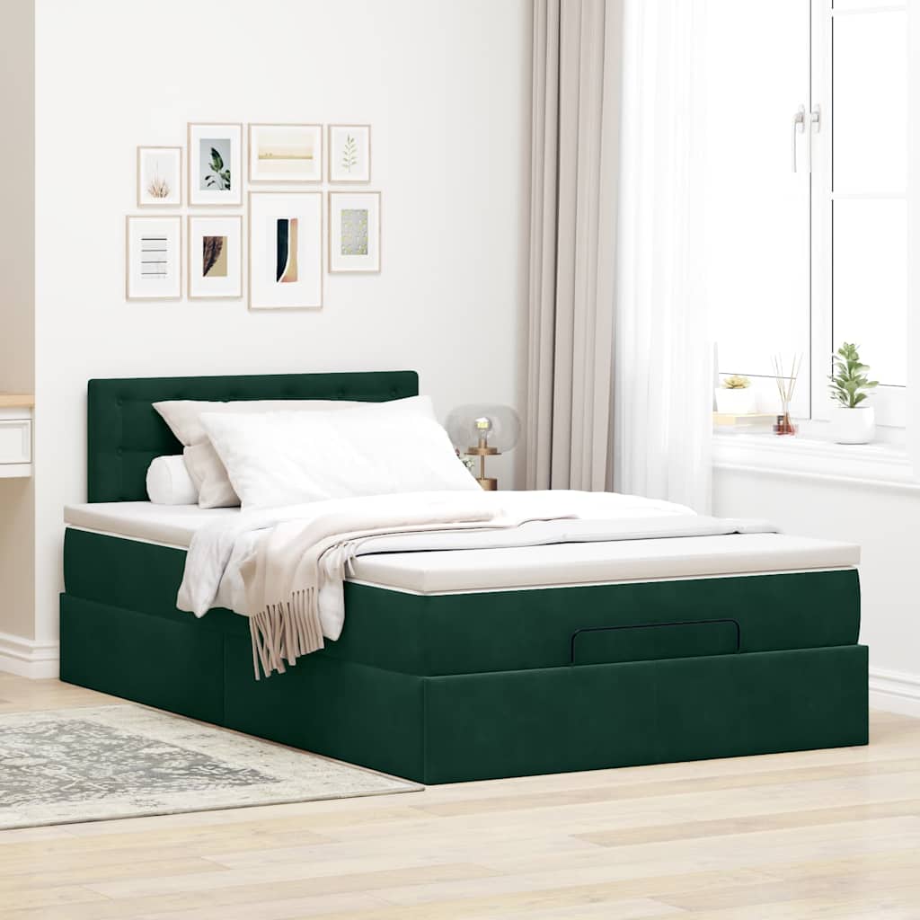 Cama otomana com colchão 120x190 cm veludo verde-escuro