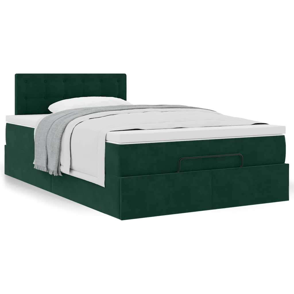 Cama otomana com colchão 120x190 cm veludo verde-escuro