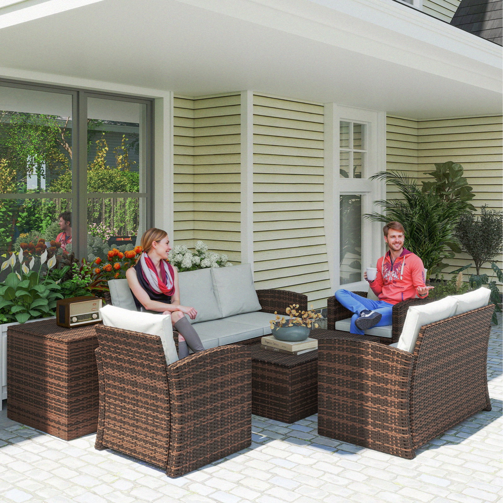 Conjunto de jardim exterior de vime 6 peças almofadas sofá duplo sofá de 3 lugares 2 poltronas 2 mesas auxiliares bege