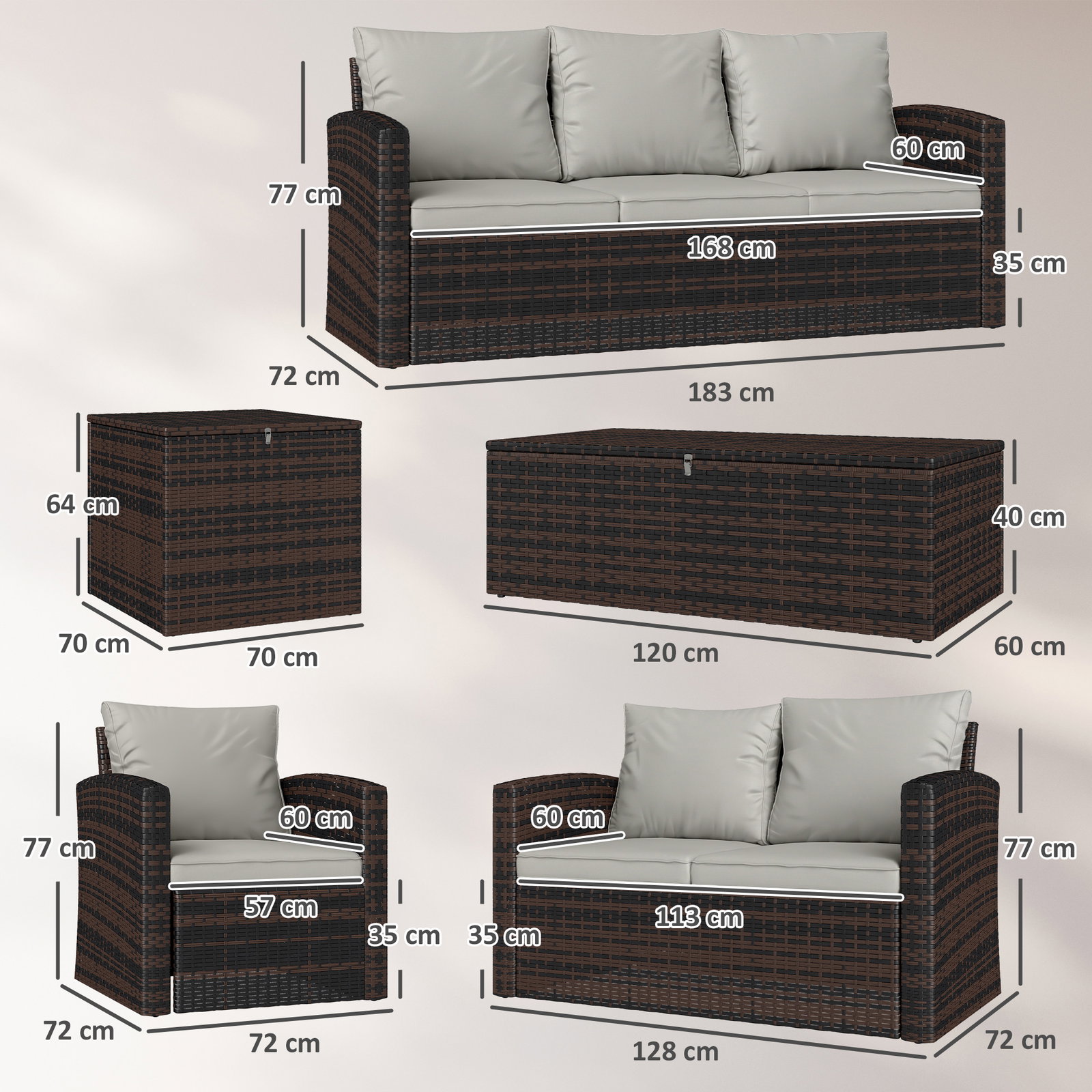 Conjunto de jardim exterior de vime 6 peças almofadas sofá duplo sofá de 3 lugares 2 poltronas 2 mesas auxiliares bege