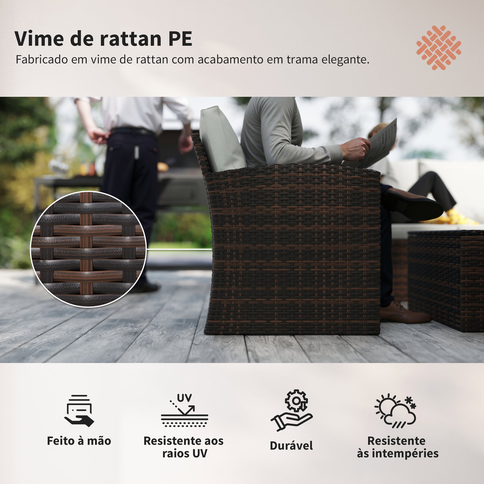 Conjunto de jardim exterior de vime 6 peças almofadas sofá duplo sofá de 3 lugares 2 poltronas 2 mesas auxiliares bege