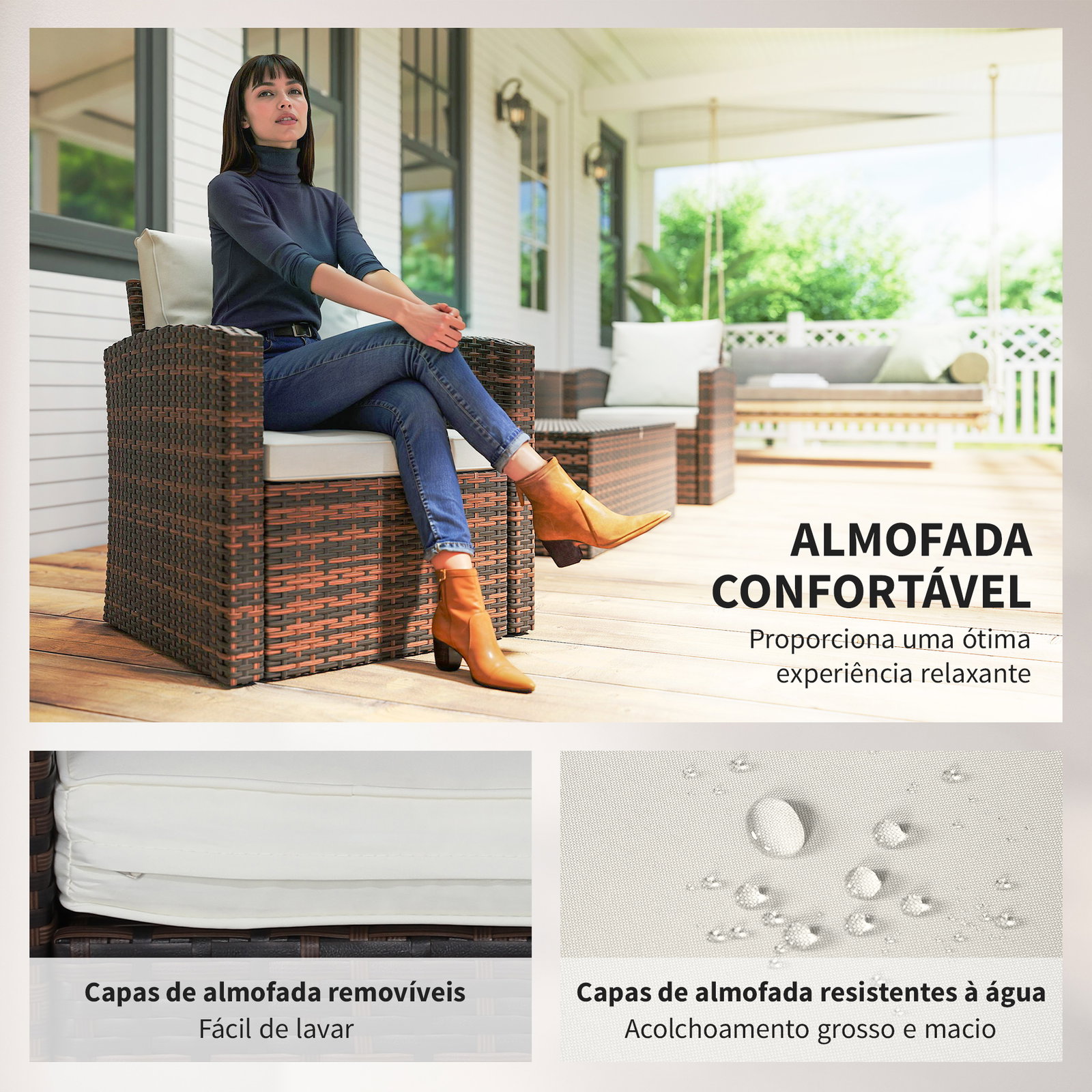 Conjunto de jardim exterior de vime 6 peças almofadas sofá duplo sofá de 3 lugares 2 poltronas 2 mesas auxiliares bege