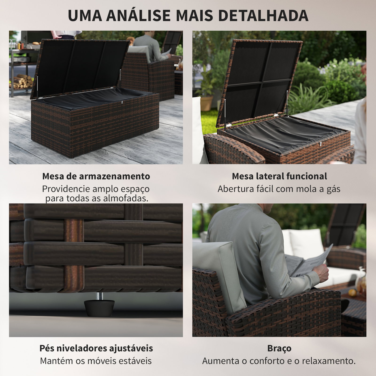 Conjunto de jardim exterior de vime 6 peças almofadas sofá duplo sofá de 3 lugares 2 poltronas 2 mesas auxiliares bege