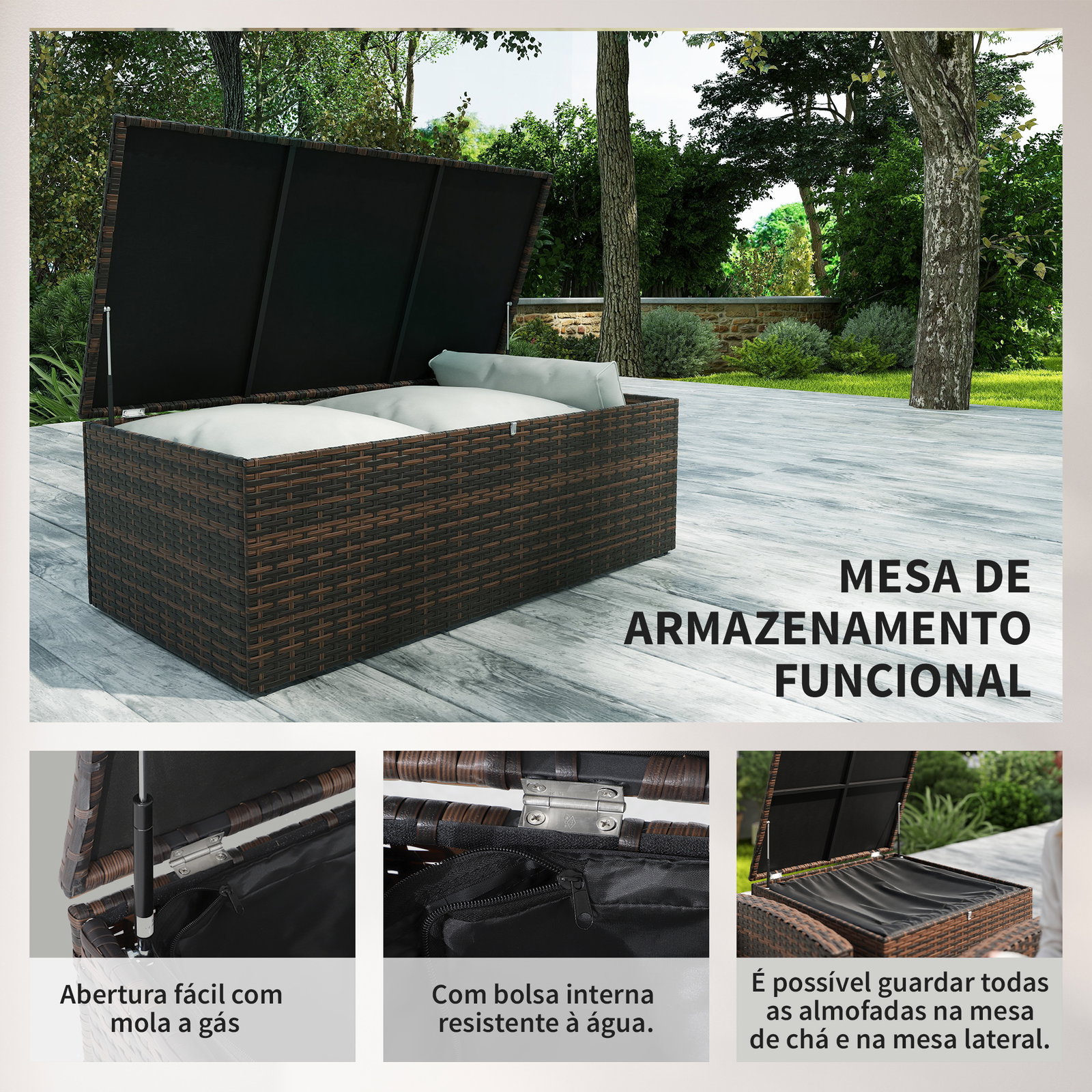 Conjunto de jardim exterior de vime 6 peças almofadas sofá duplo sofá de 3 lugares 2 poltronas 2 mesas auxiliares bege