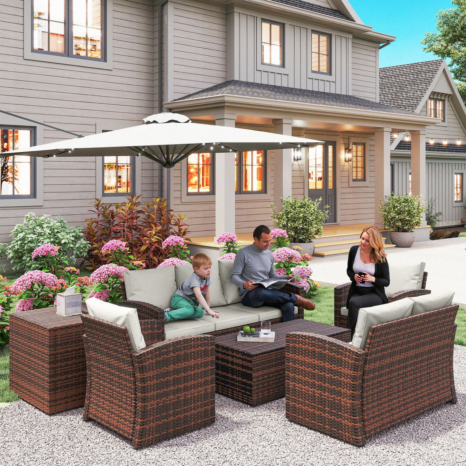 Conjunto de jardim exterior de vime 6 peças almofadas sofá duplo sofá de 3 lugares 2 poltronas 2 mesas auxiliares bege