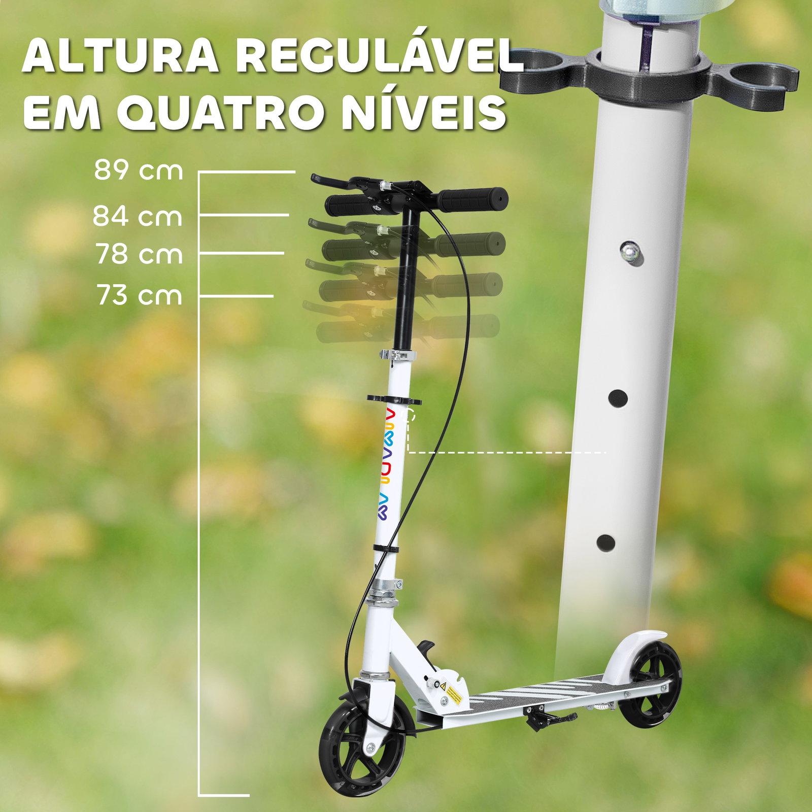 Trotinete dobrável para crianças de 3-8 anos com luzes LED guiador com 4 alturas ajustáveis travão traseiro e de mão 73x36x73-89 cm branco