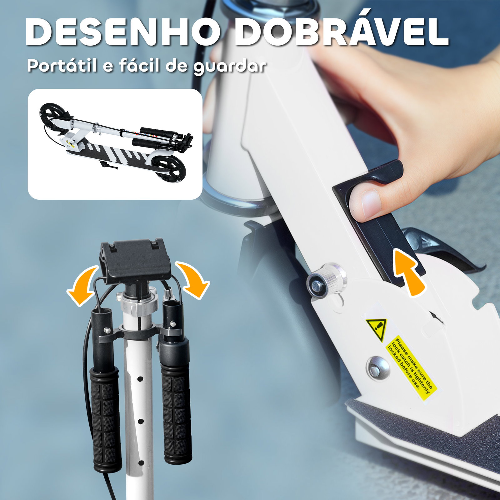 Trotinete dobrável para crianças de 3-8 anos com luzes LED guiador com 4 alturas ajustáveis travão traseiro e de mão 73x36x73-89 cm branco
