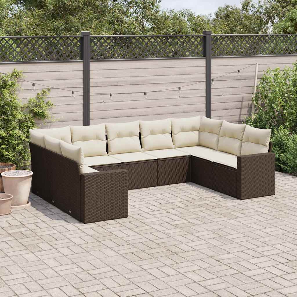 9 Pcs conjunto sofás p/ jardim c/ almofadões vime PE castanho