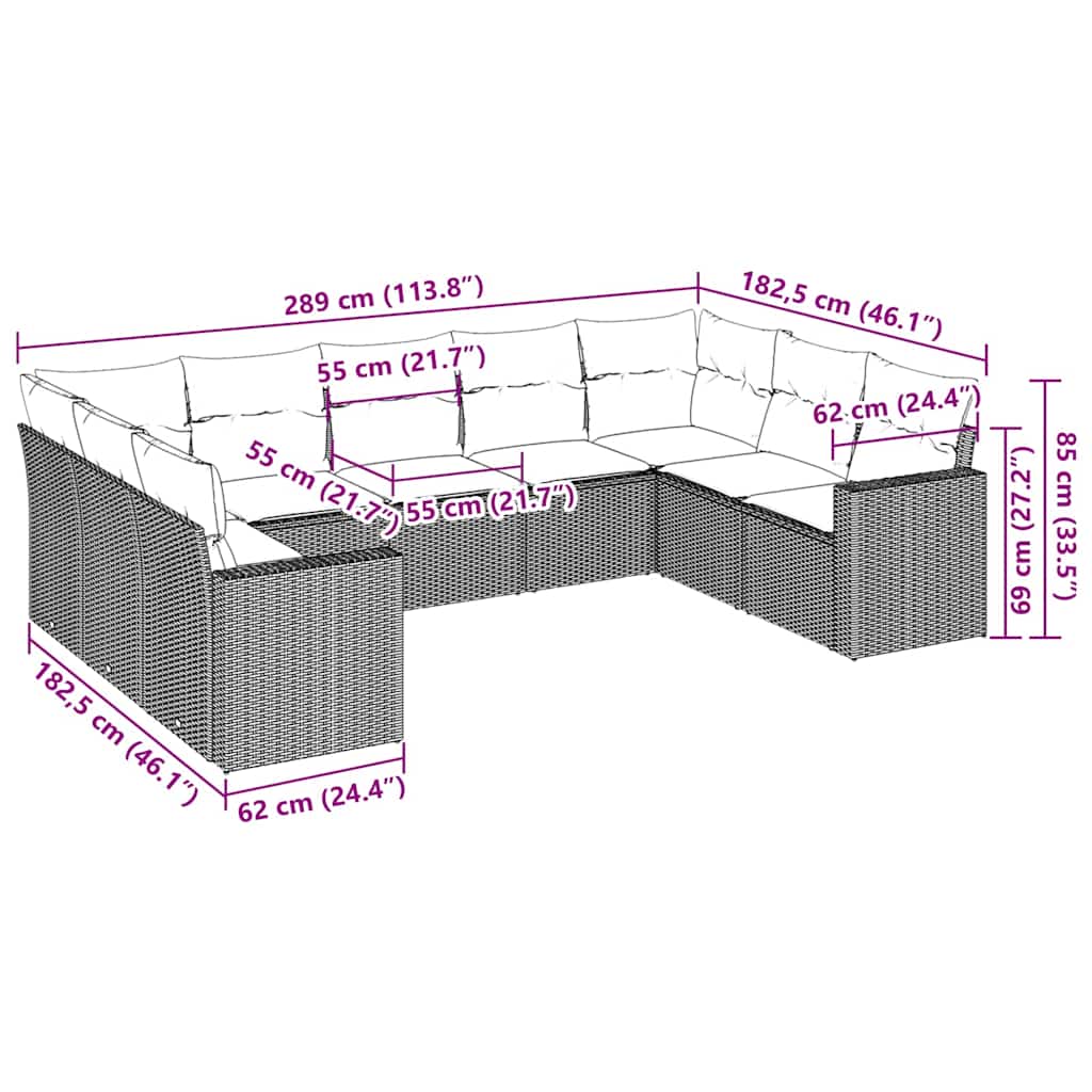 9 Pcs conjunto sofás p/ jardim c/ almofadões vime PE castanho