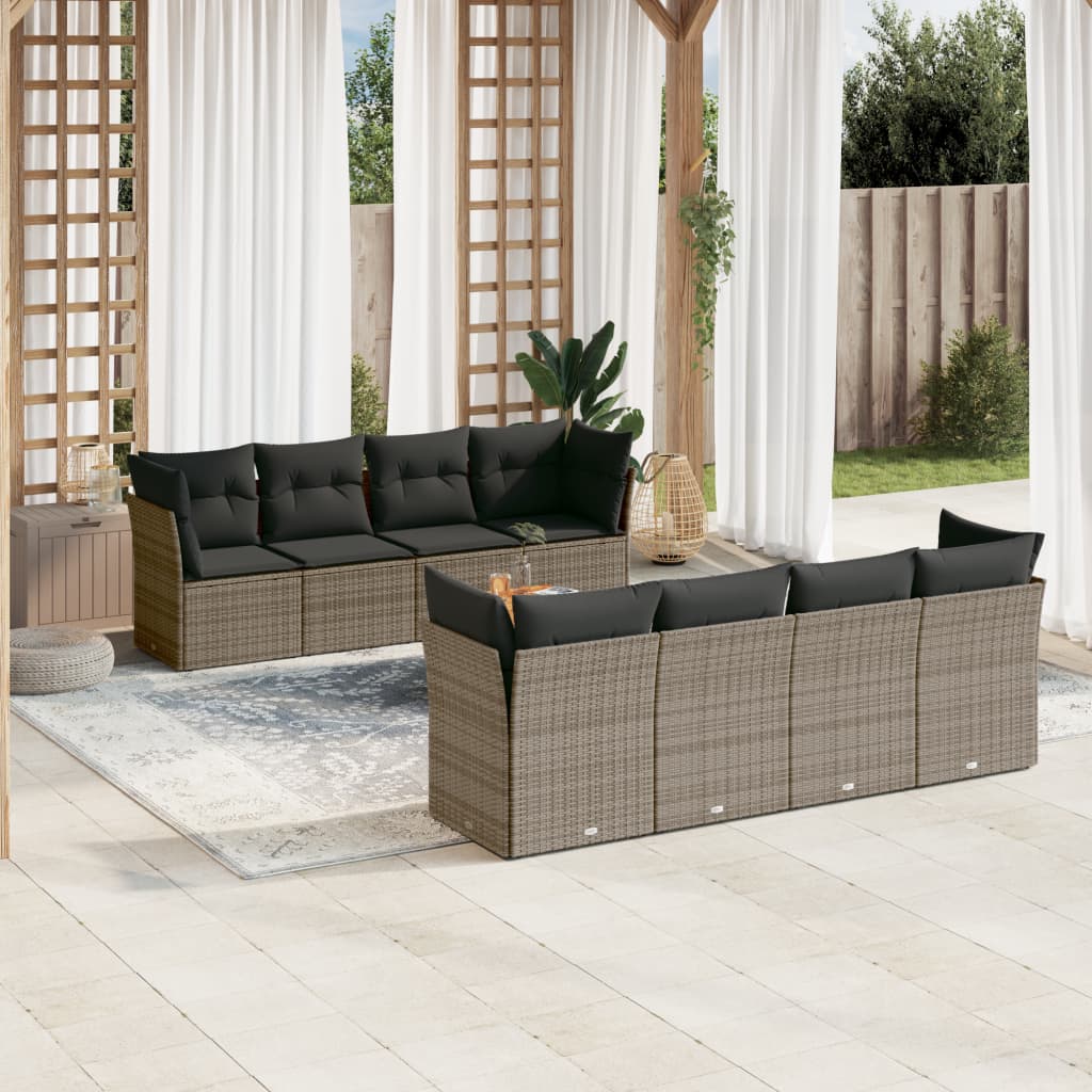 9 Pcs conjunto sofás p/ jardim com almofadões vime PE cinzento