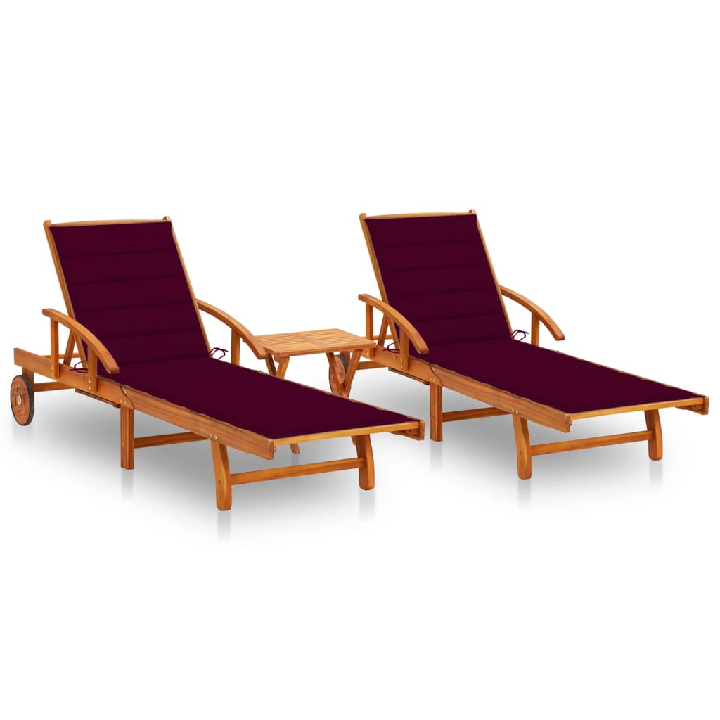 Espreguiçadeiras com mesa e almofadões 2 pcs acácia maciça