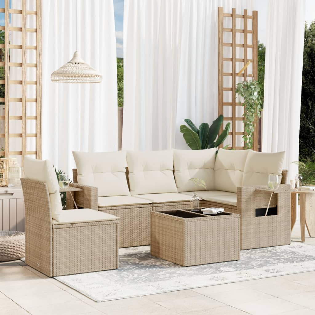 6 Pcs conjunto de sofás p/ jardim com almofadões vime PE bege