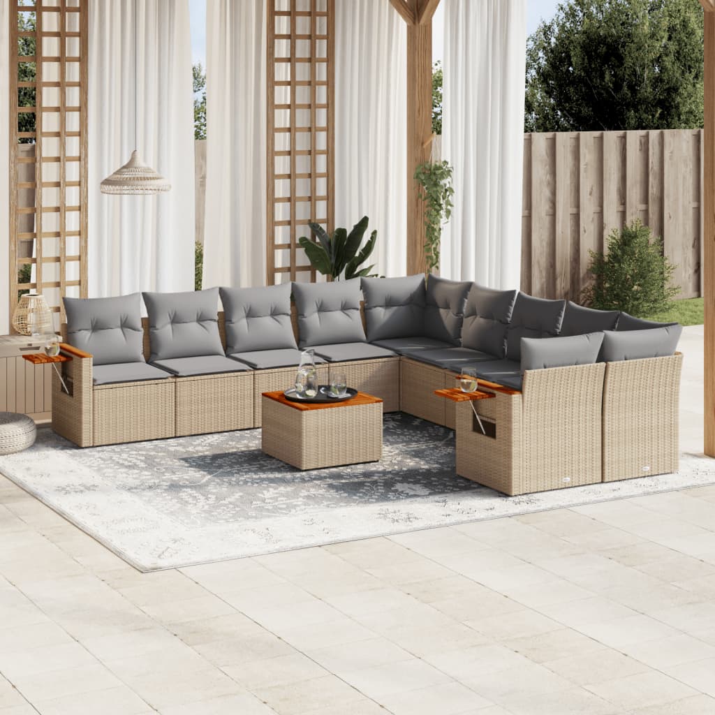 11 Pcs conjunto sofás de jardim c/ almofadões vime PE bege