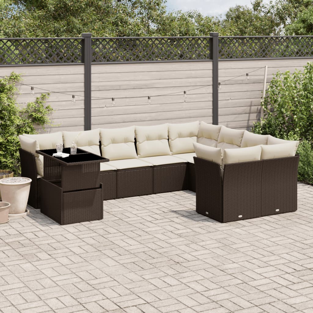 10 Pcs conj. sofás jardim com almofadões vime PE castanho