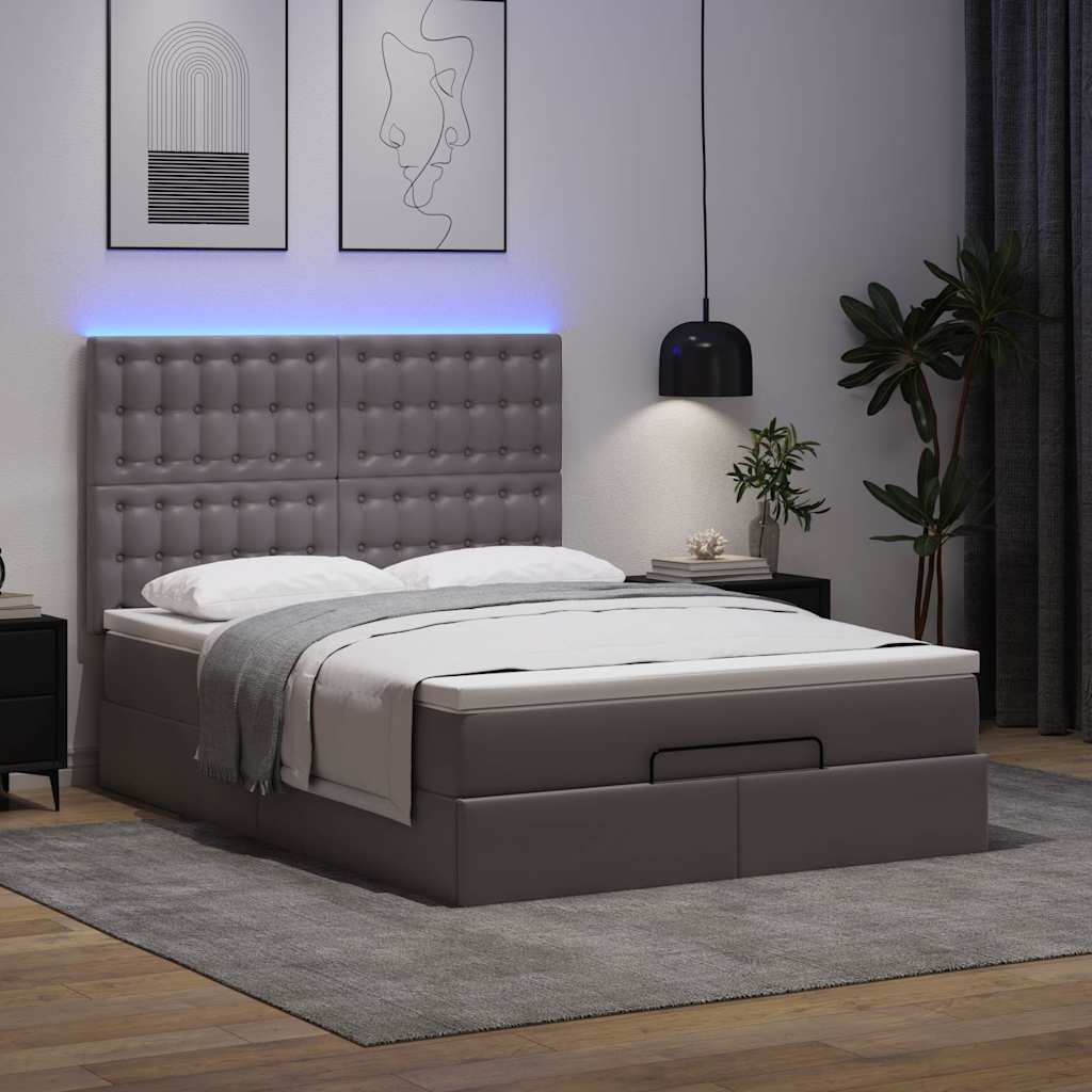 Estrutura de cama otomana com colchão cinza couro falso