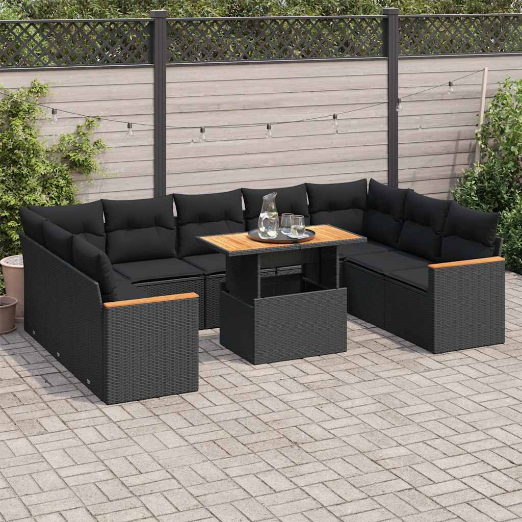 10 Pcs conjunto sofás jardim c/ almofadões vime PE/acácia preto