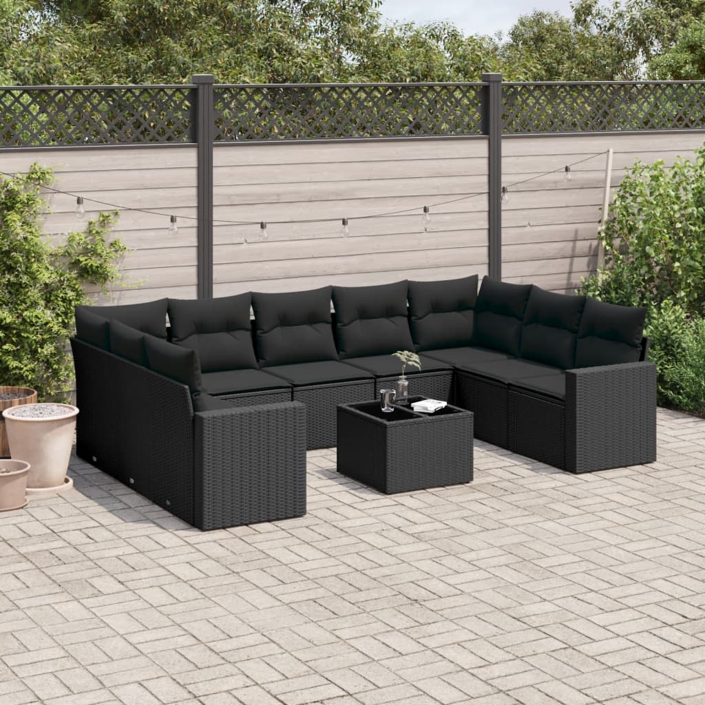 10 Pcs conjunto sofás de jardim c/ almofadões vime PE preto