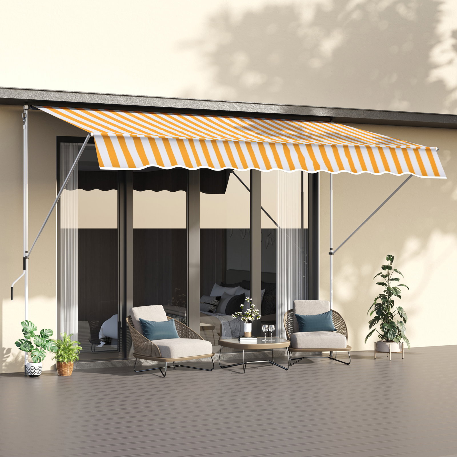 Toldo portátil 3x1,5m manual dobrável de alumínio altura regulável com manivela para terraço jardim amarelo e branco