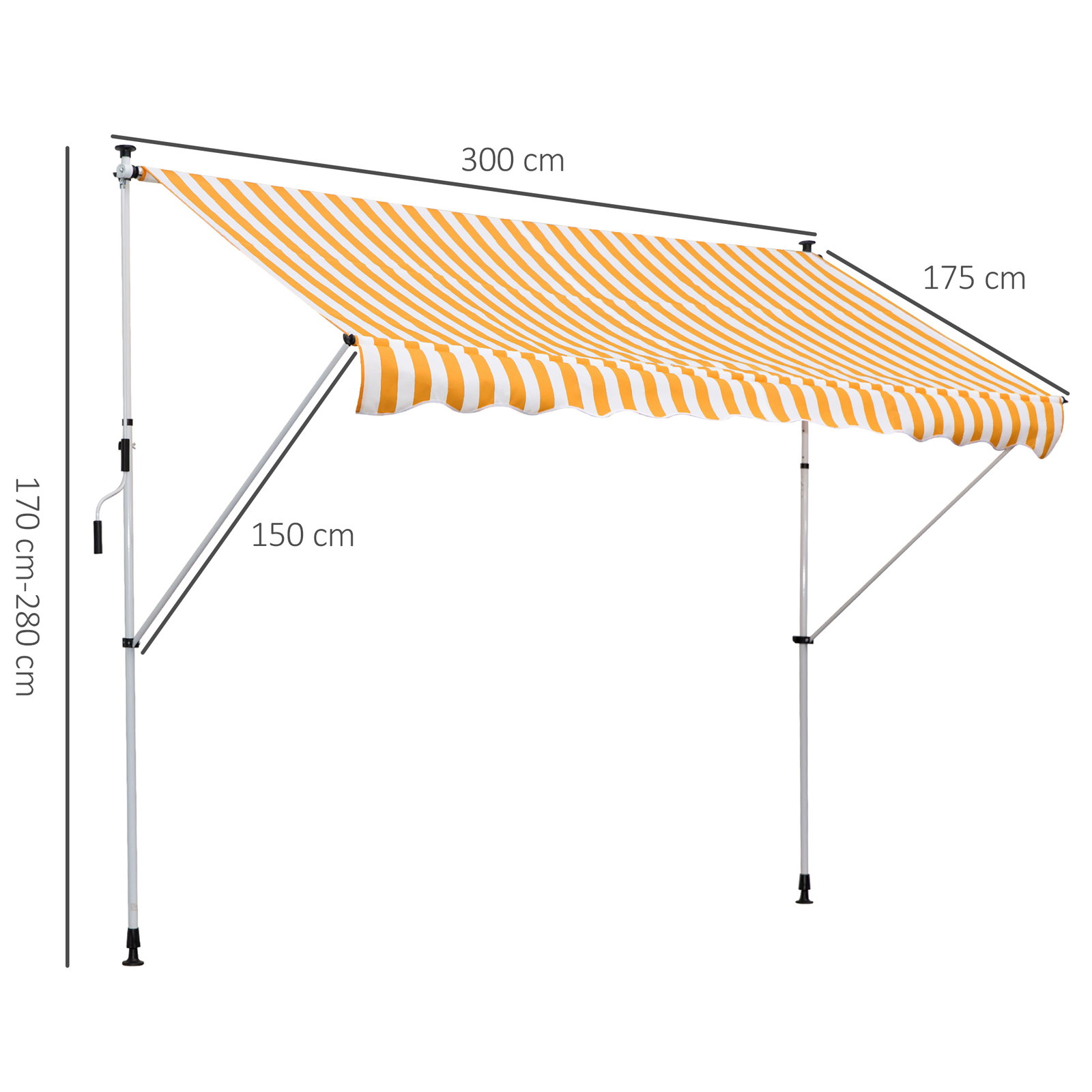 Toldo portátil 3x1,5m manual dobrável de alumínio altura regulável com manivela para terraço jardim amarelo e branco