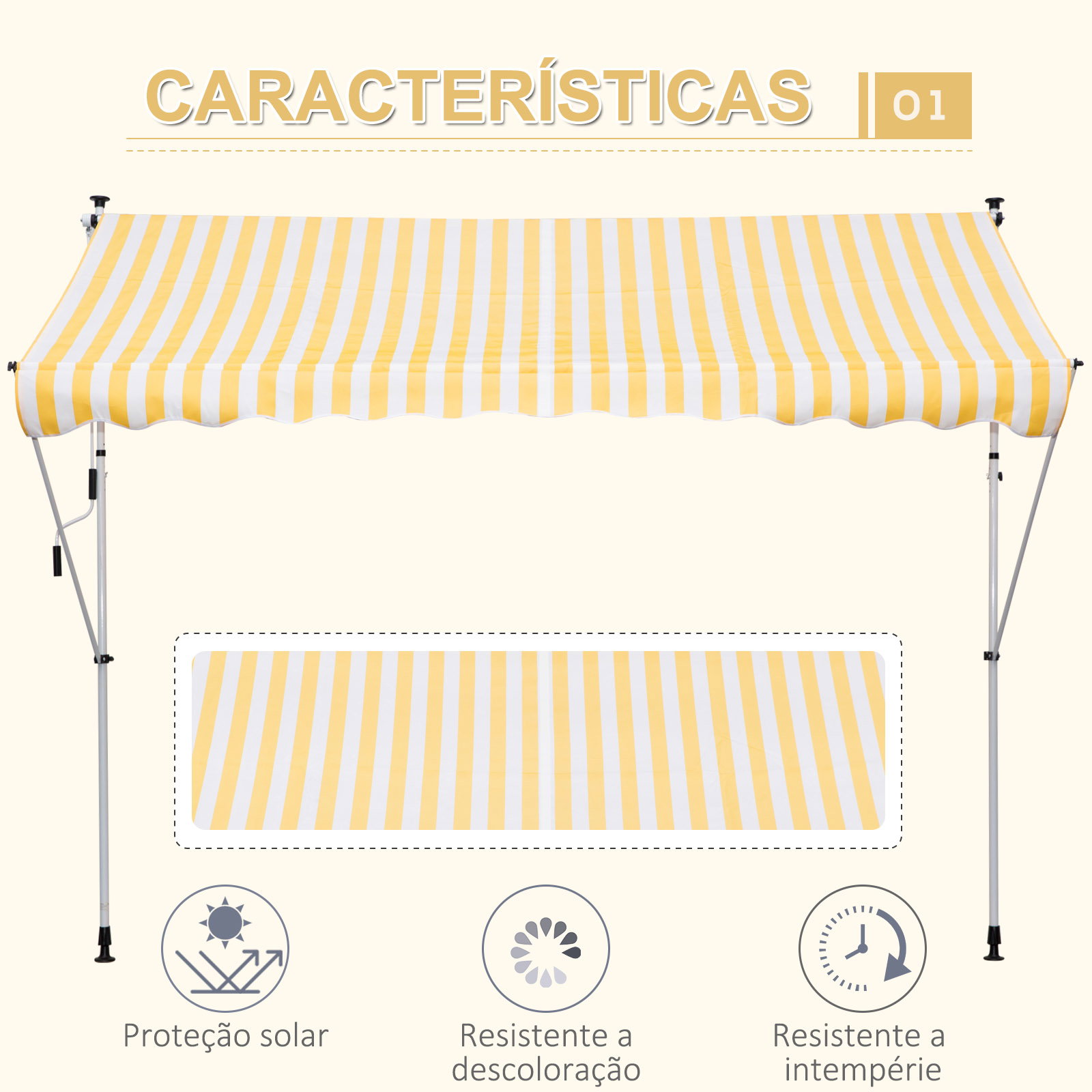 Toldo portátil 3x1,5m manual dobrável de alumínio altura regulável com manivela para terraço jardim amarelo e branco