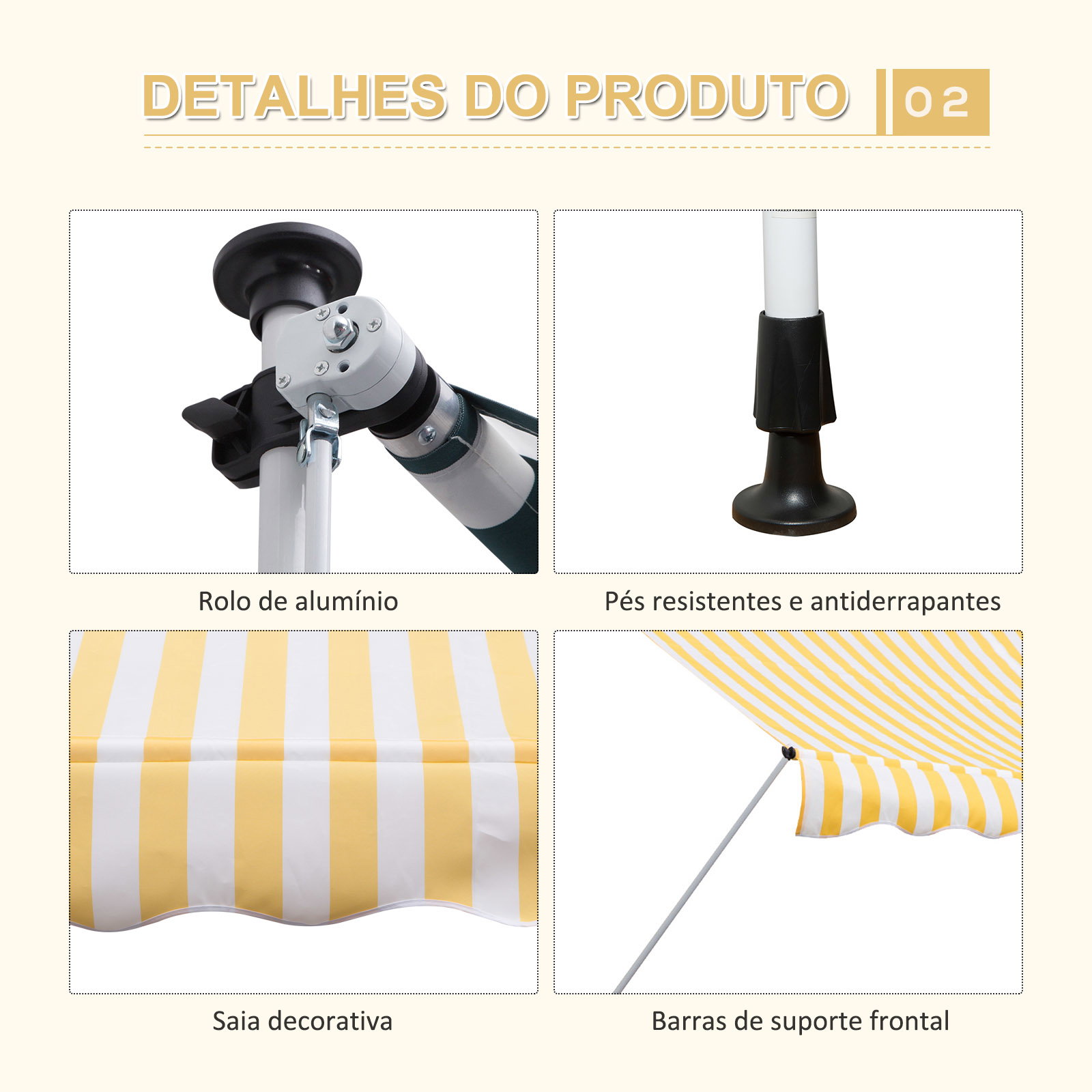 Toldo portátil 3x1,5m manual dobrável de alumínio altura regulável com manivela para terraço jardim amarelo e branco