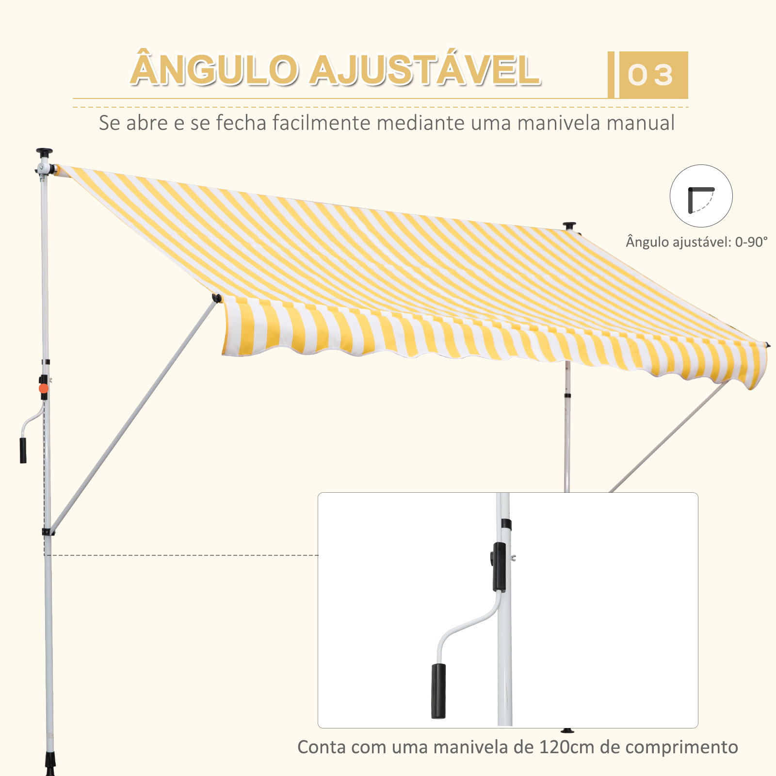 Toldo portátil 3x1,5m manual dobrável de alumínio altura regulável com manivela para terraço jardim amarelo e branco