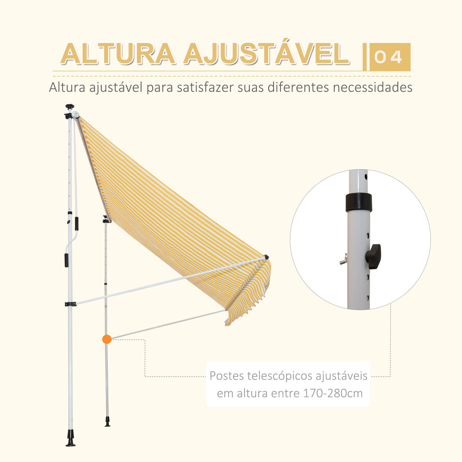 Toldo portátil 3x1,5m manual dobrável de alumínio altura regulável com manivela para terraço jardim amarelo e branco