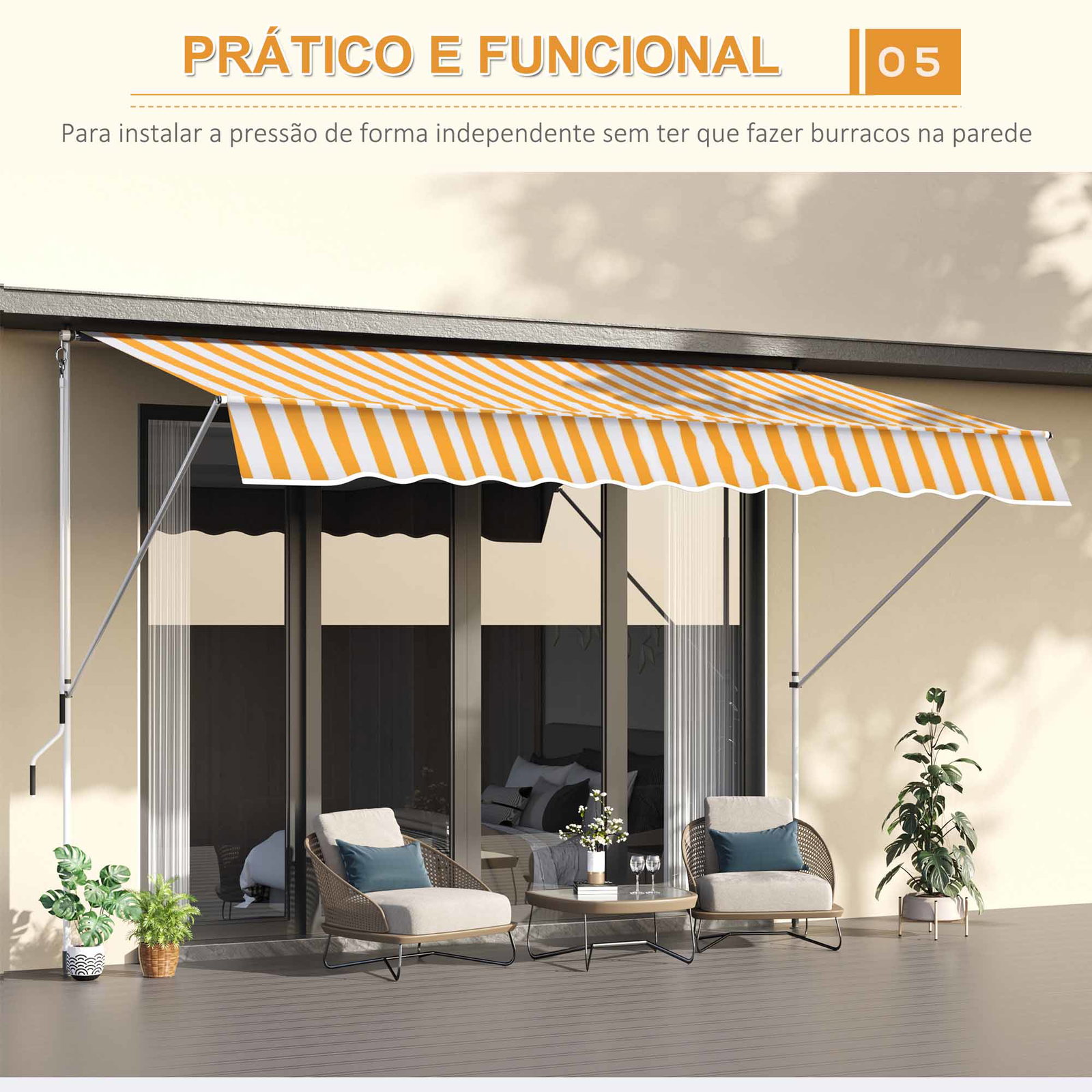 Toldo portátil 3x1,5m manual dobrável de alumínio altura regulável com manivela para terraço jardim amarelo e branco