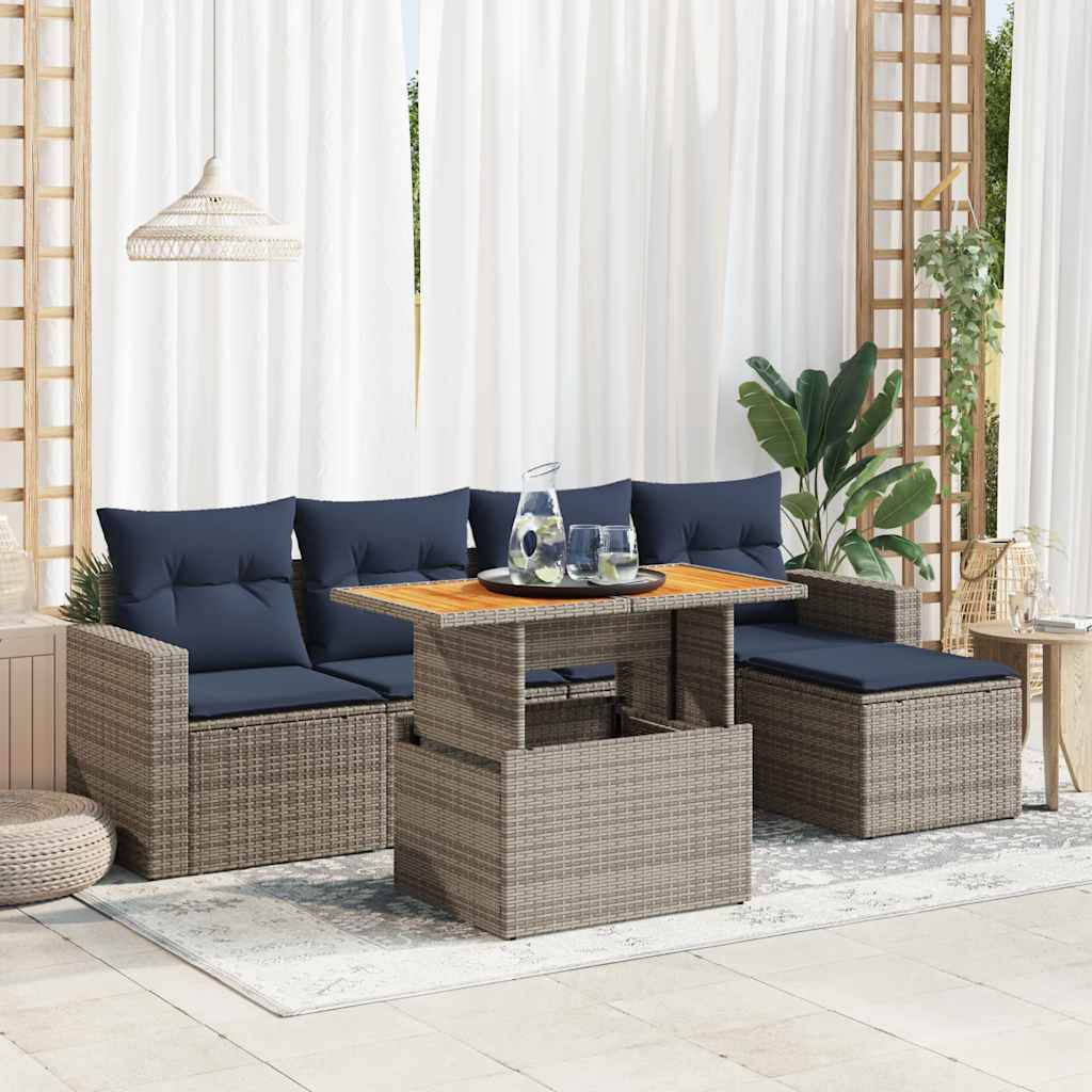 6 Pcs conjunto sofás de jardim com almofadões vime cinzento