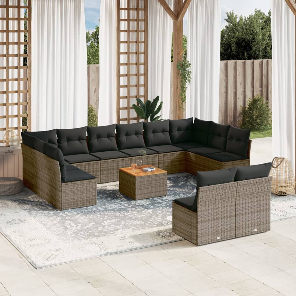 13 Pcs conjunto sofás p/ jardim c/ almofadões vime PE cinzento