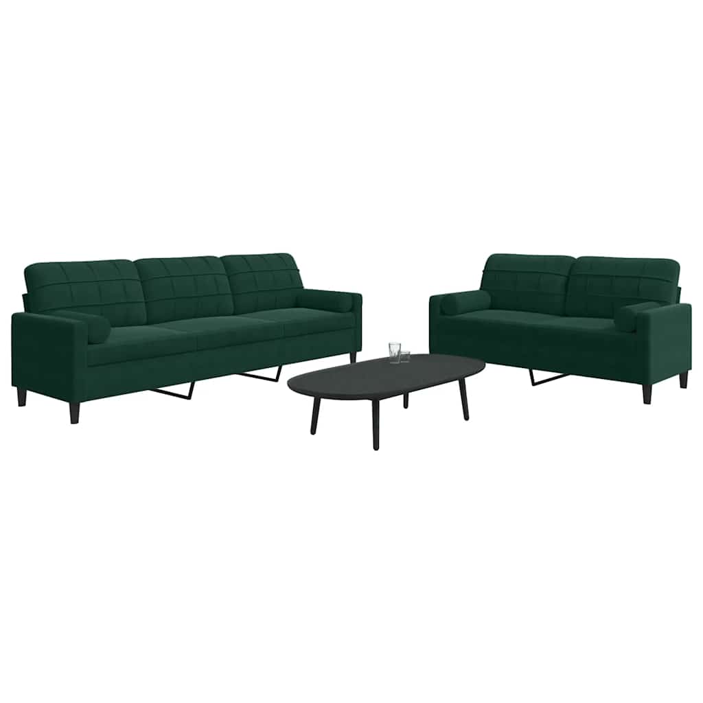 2 Pcs conjunto sofás com almofadões e rolos veludo verde-escuro