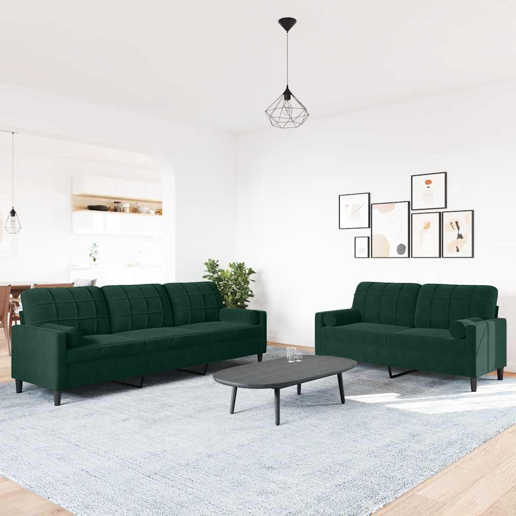 2 Pcs conjunto sofás com almofadões e rolos veludo verde-escuro