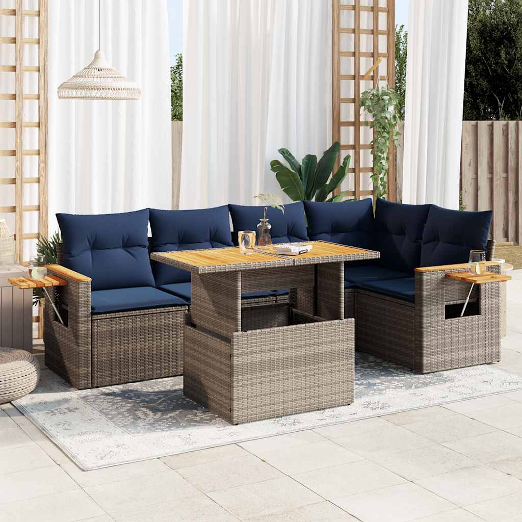 6 Pcs conjunto sofás jardim com almofadões PE/acácia cinzento