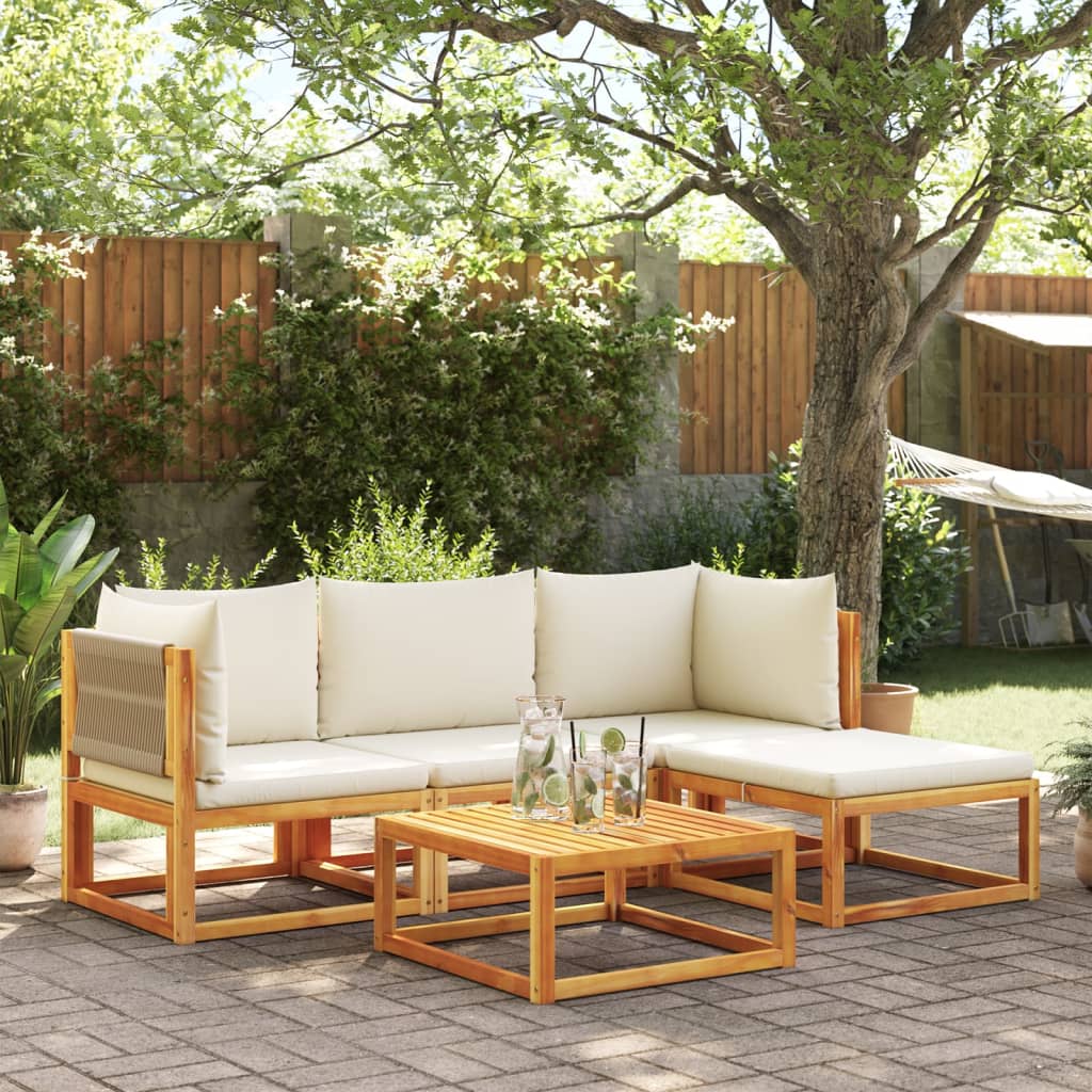 Conjunto de sofás de jardim de 5 peças com almofadas de madeira de acácia e corda