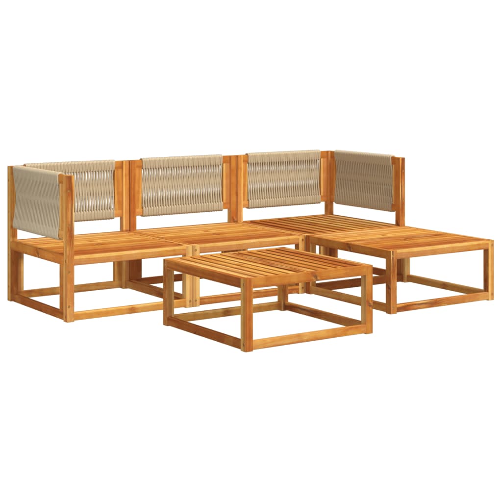 Conjunto de sofás de jardim de 5 peças com almofadas de madeira de acácia e corda