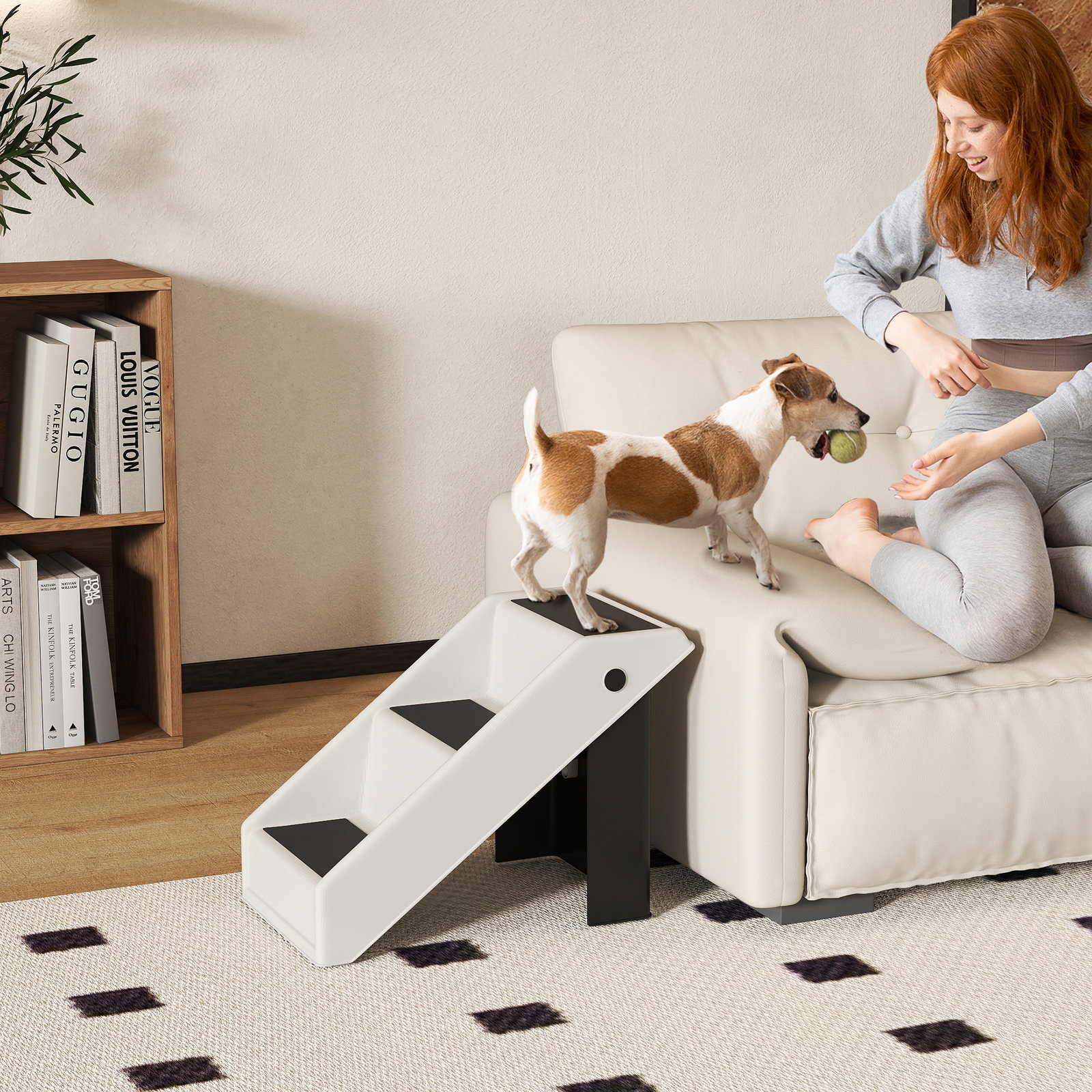 Escada dobrável para cães de 3 degraus para animais mais velhos para cama sofá 53x30,5x36,5 cm creme