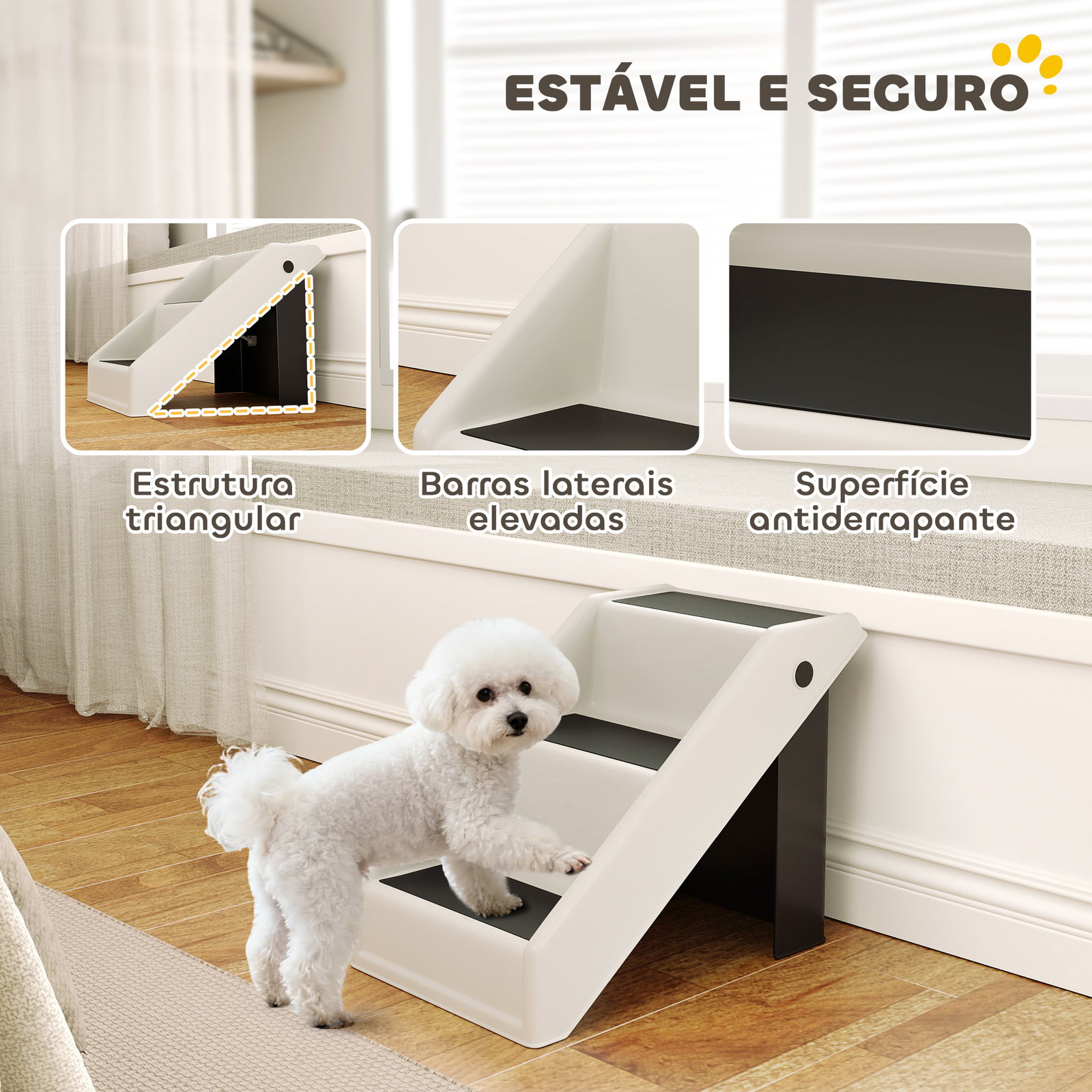 Escada dobrável para cães de 3 degraus para animais mais velhos para cama sofá 53x30,5x36,5 cm creme