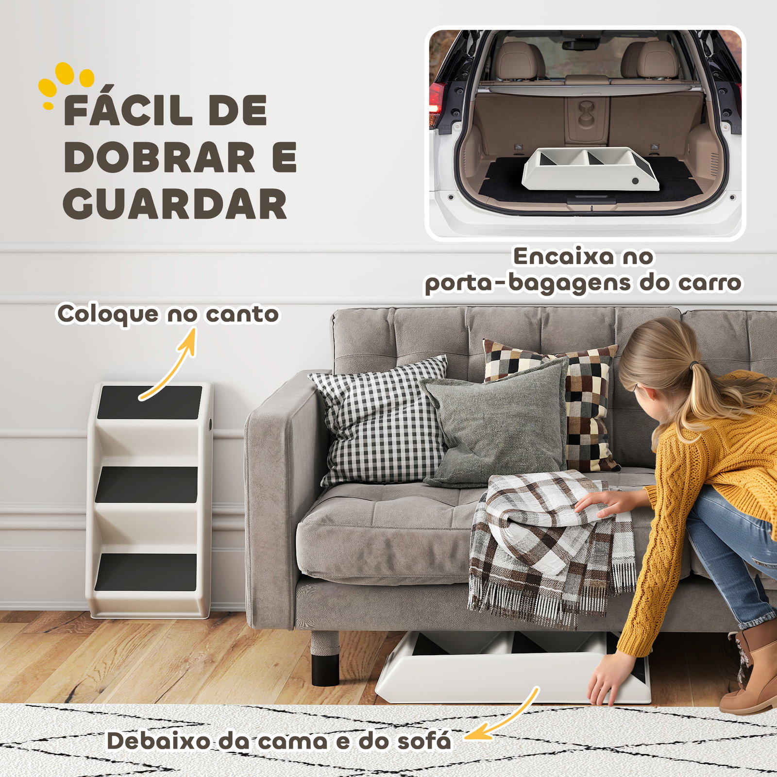 Escada dobrável para cães de 3 degraus para animais mais velhos para cama sofá 53x30,5x36,5 cm creme