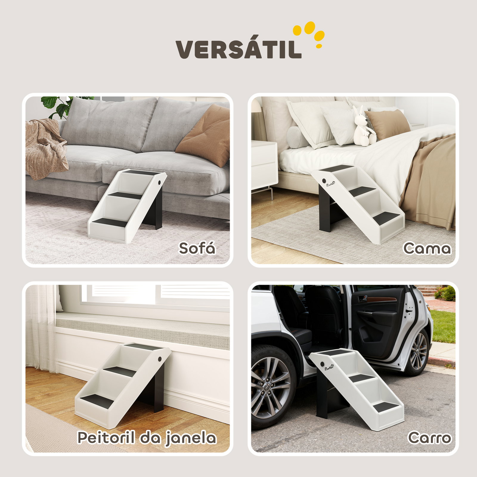 Escada dobrável para cães de 3 degraus para animais mais velhos para cama sofá 53x30,5x36,5 cm creme