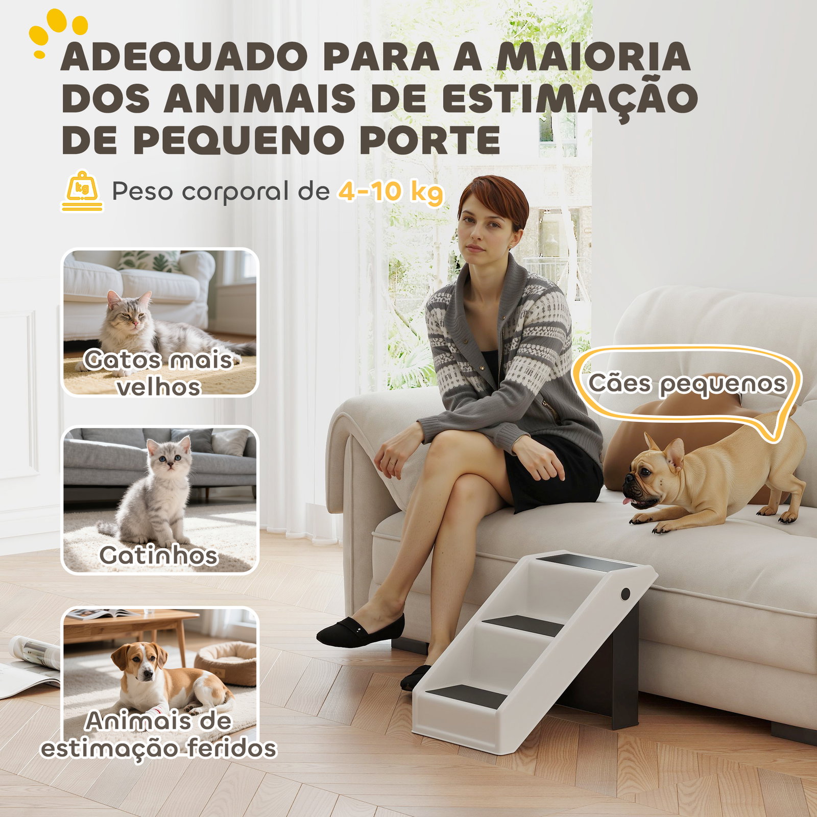 Escada dobrável para cães de 3 degraus para animais mais velhos para cama sofá 53x30,5x36,5 cm creme