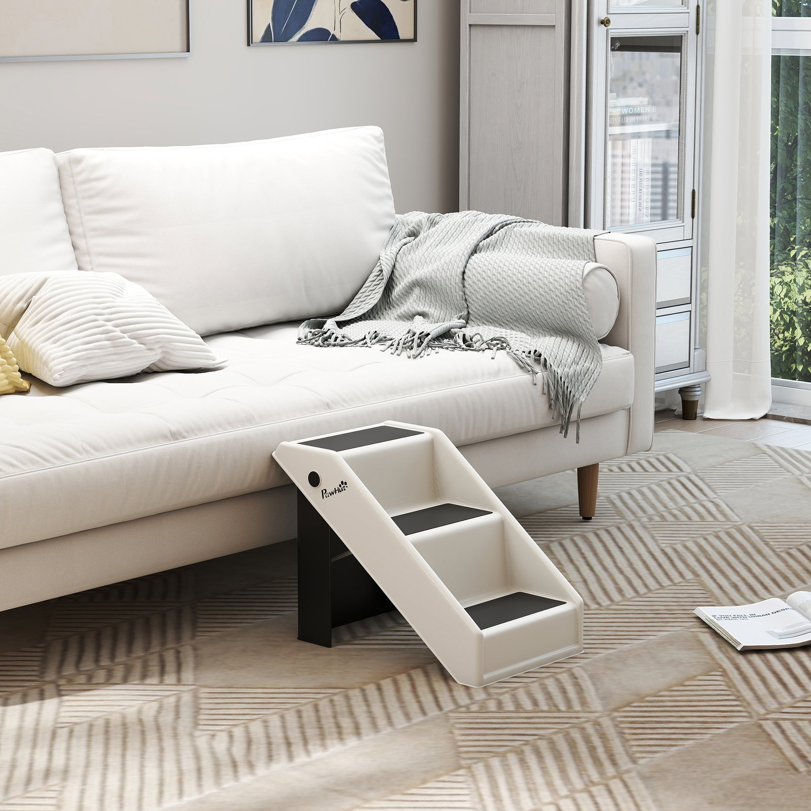 Escada dobrável para cães de 3 degraus para animais mais velhos para cama sofá 53x30,5x36,5 cm creme