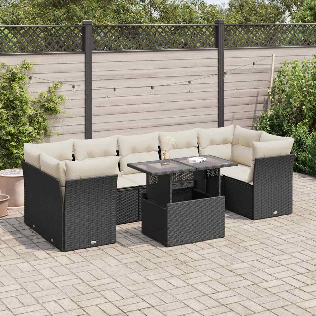 8 Pcs conjunto sofás de jardim com almofadões vime PE preto