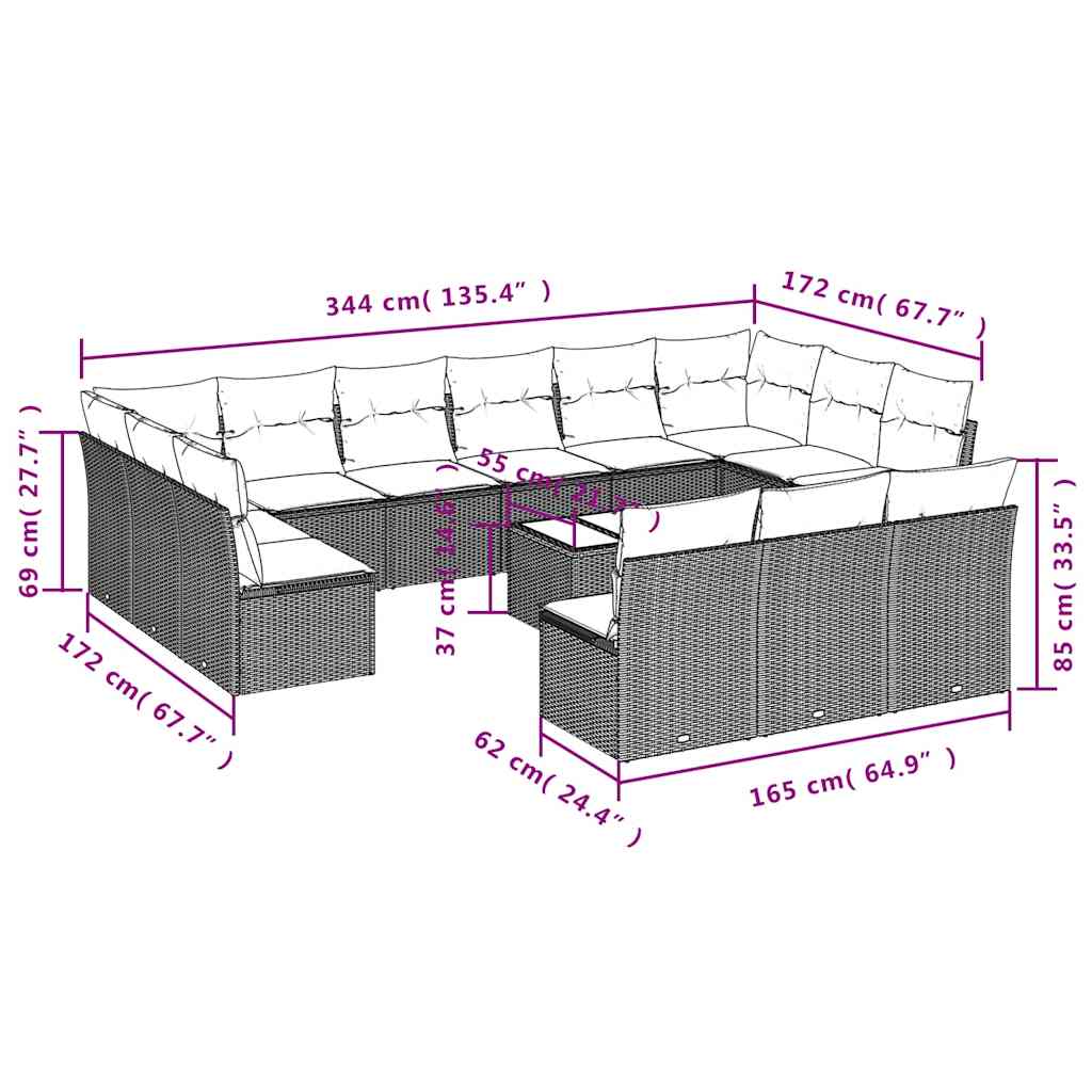 14 Pcs conjunto de sofás p/ jardim c/ almofadões vime PE preto