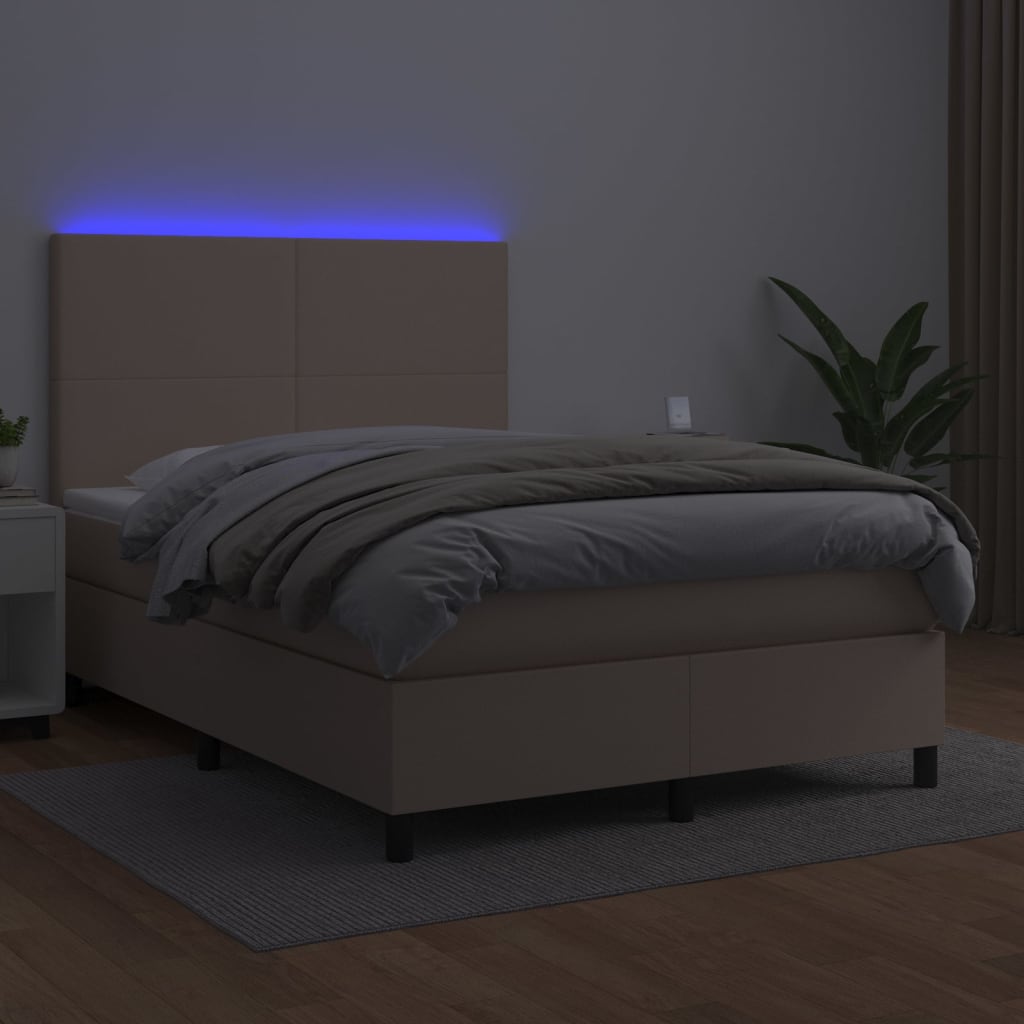 Cama box spring c/colchão/LED 140x200cm couro artif. cappuccino