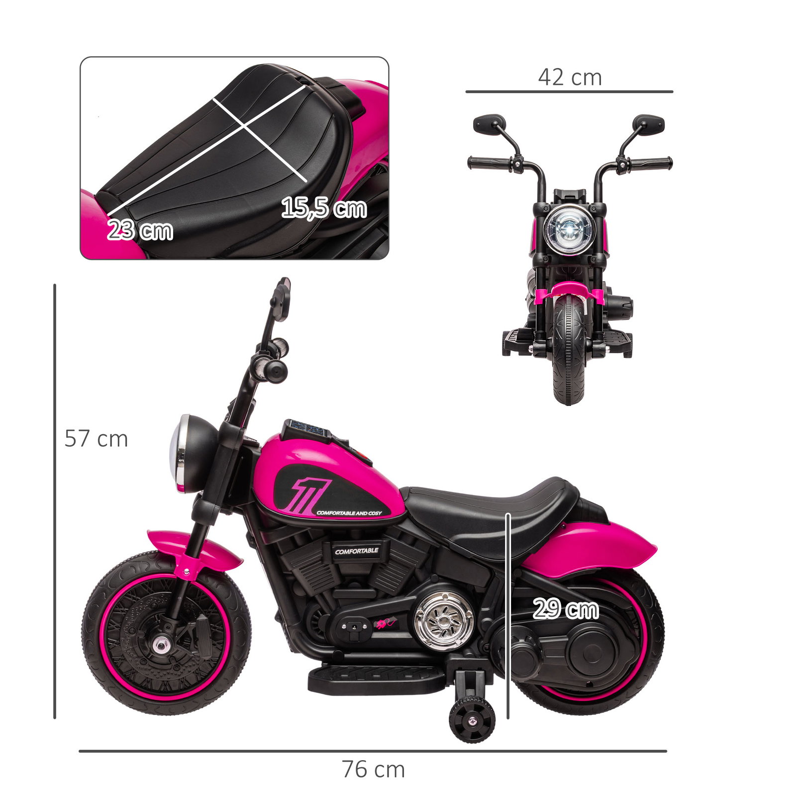 Motocicleta elétrica para crianças de 18-36 meses com bateria 6v farol e rodas auxiliares removíveis 76x42x57 cm rosa