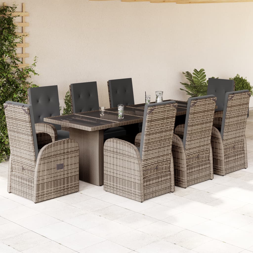 9 Pcs conjunto de jantar p/ jardim c/ almofadões vime PE cinza