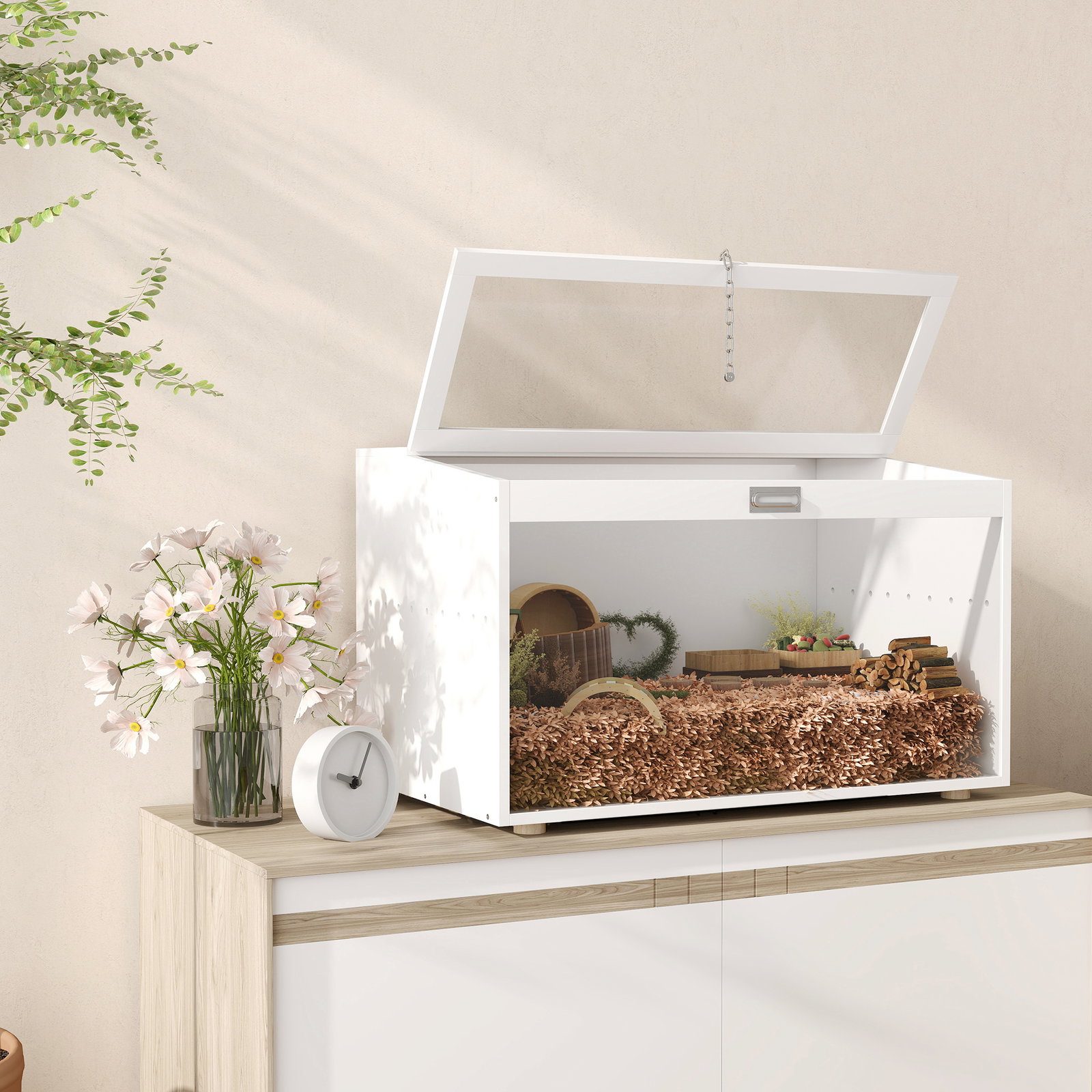 Gaiola para hamster com tampa abatível e janela de acrílico transparente 80x50x50 cm branco