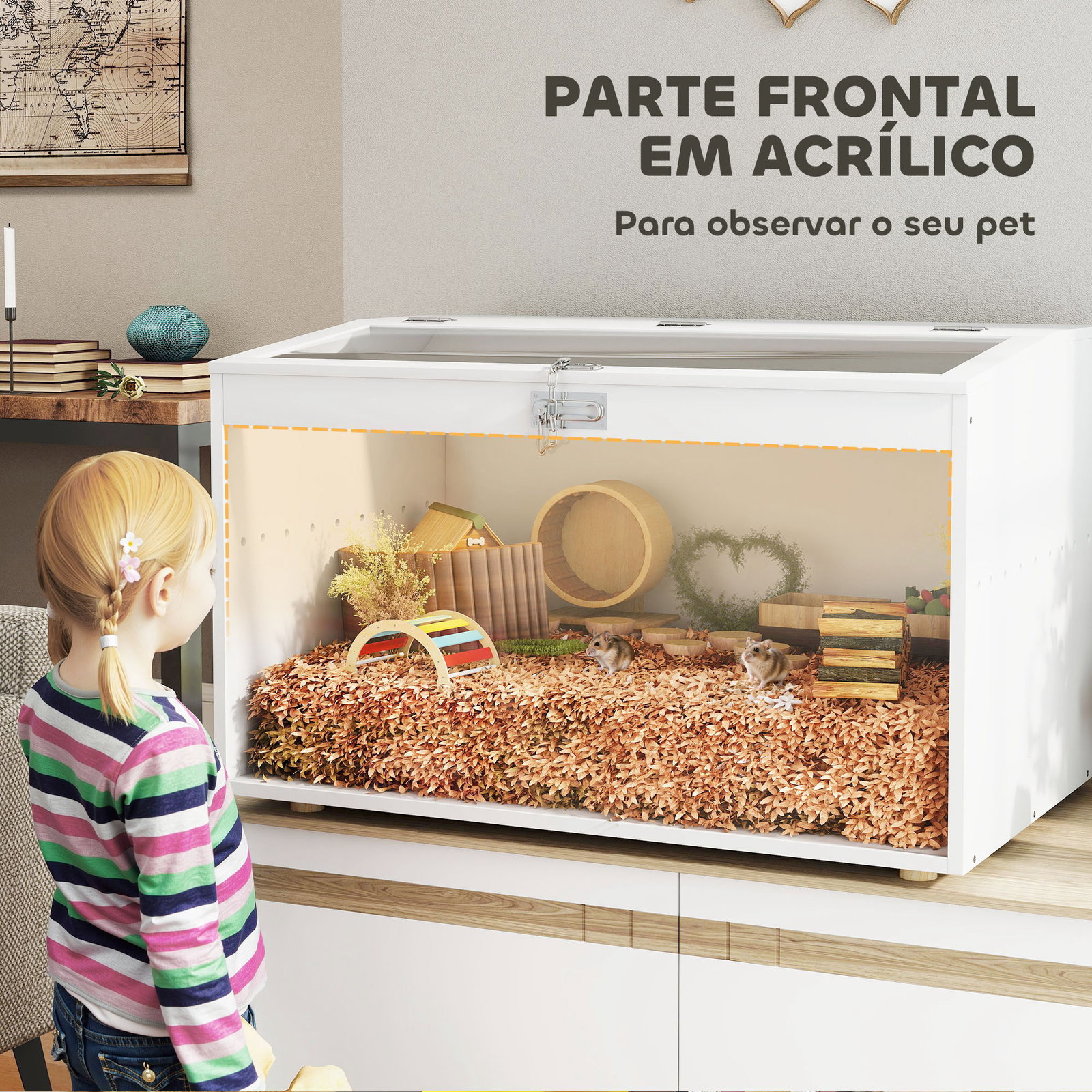 Gaiola para hamster com tampa abatível e janela de acrílico transparente 80x50x50 cm branco