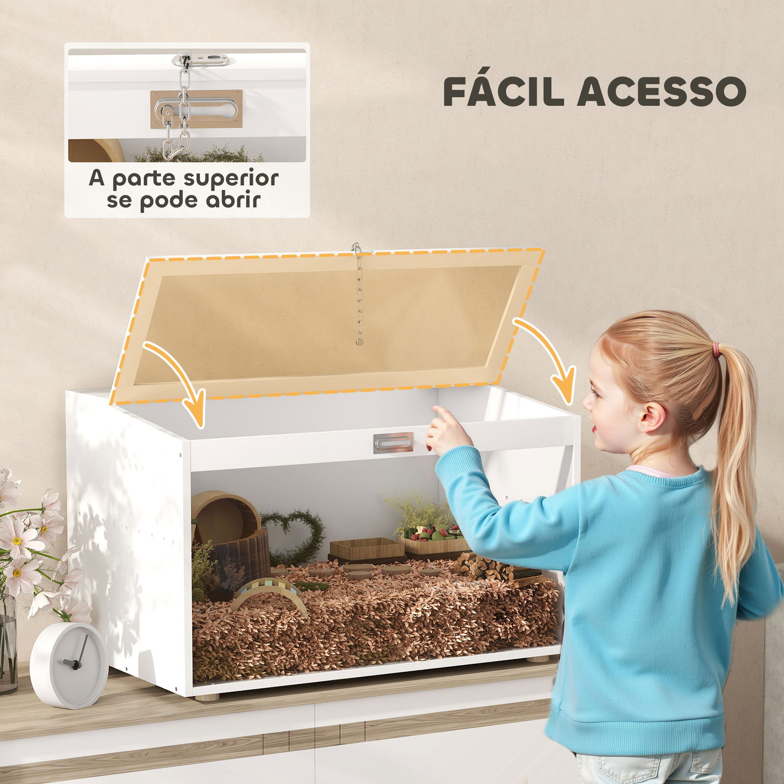 Gaiola para hamster com tampa abatível e janela de acrílico transparente 80x50x50 cm branco