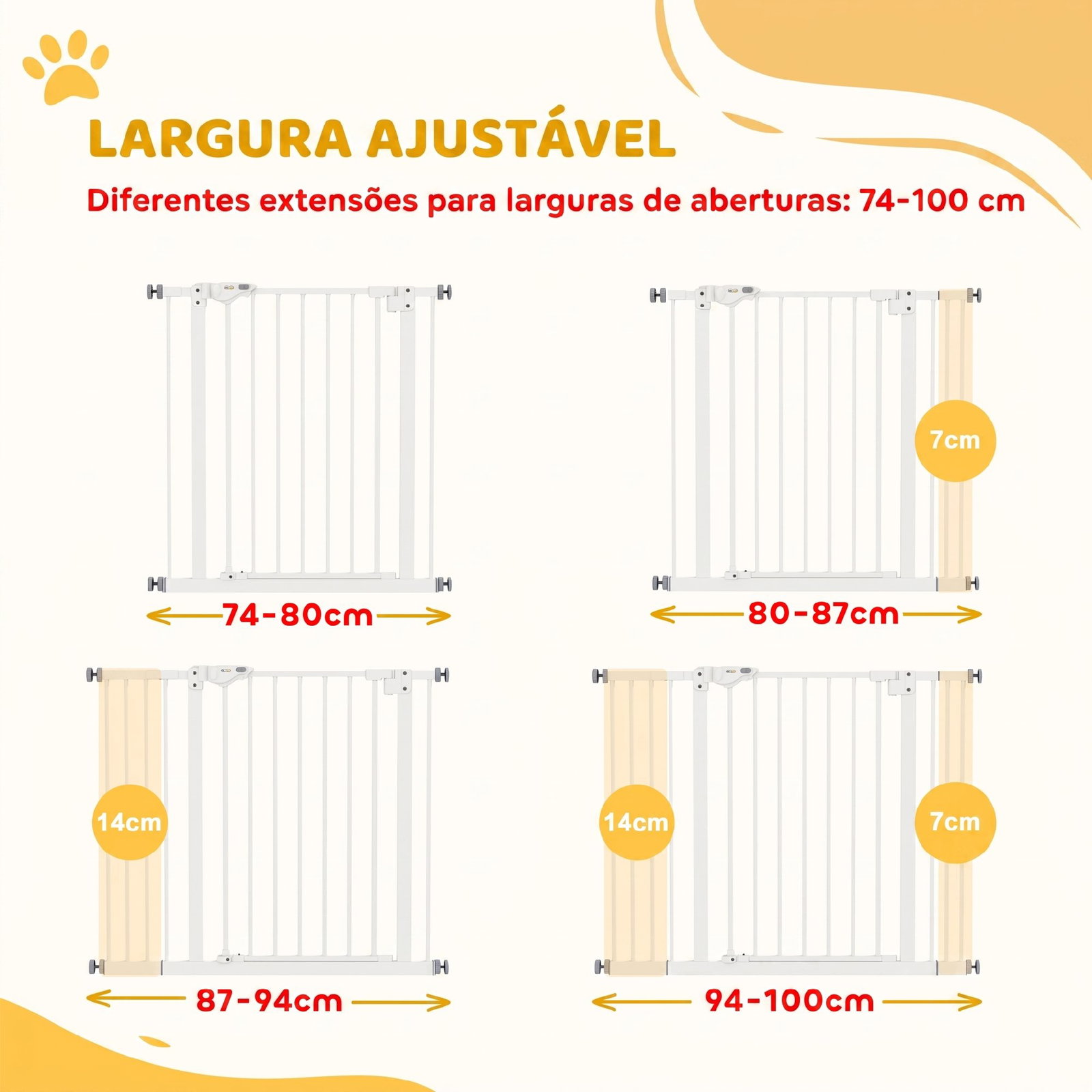 Barreira de segurança para cães 74-100 cm com extensões, montagem por pressão e duplo bloqueio, branco